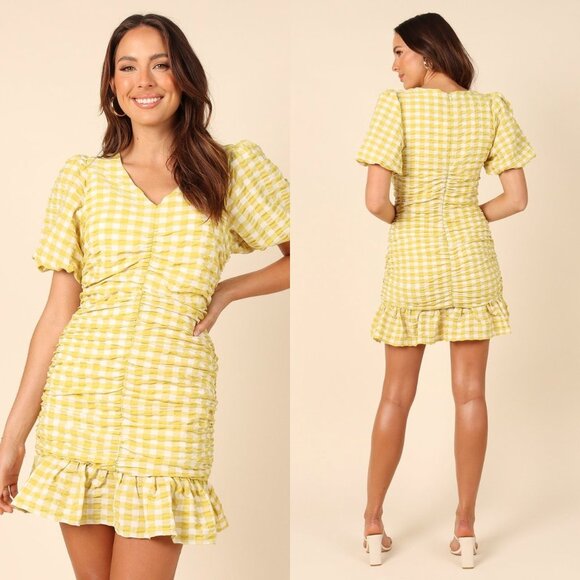 Petal & Pup NEW Tenice V Neck Gingham Puff Sleeve Mini Dress Green Size XS - Picture 3 of 11